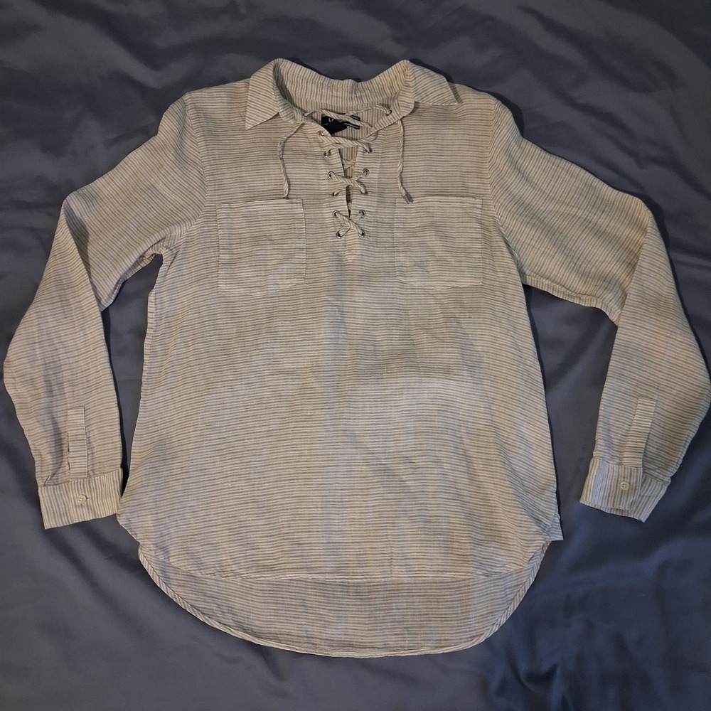 Land's End White Gray Beachy‎ Nautical Coastal Striped Lace Up Linen Shirt Sz 12